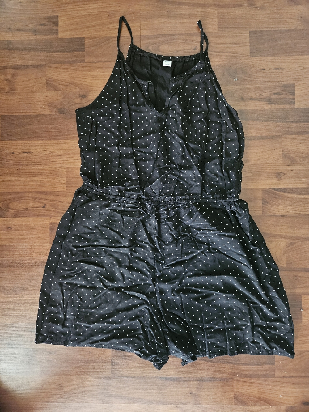 Old Navy Black Polka Dot Satin Romper with Adjustable Straps